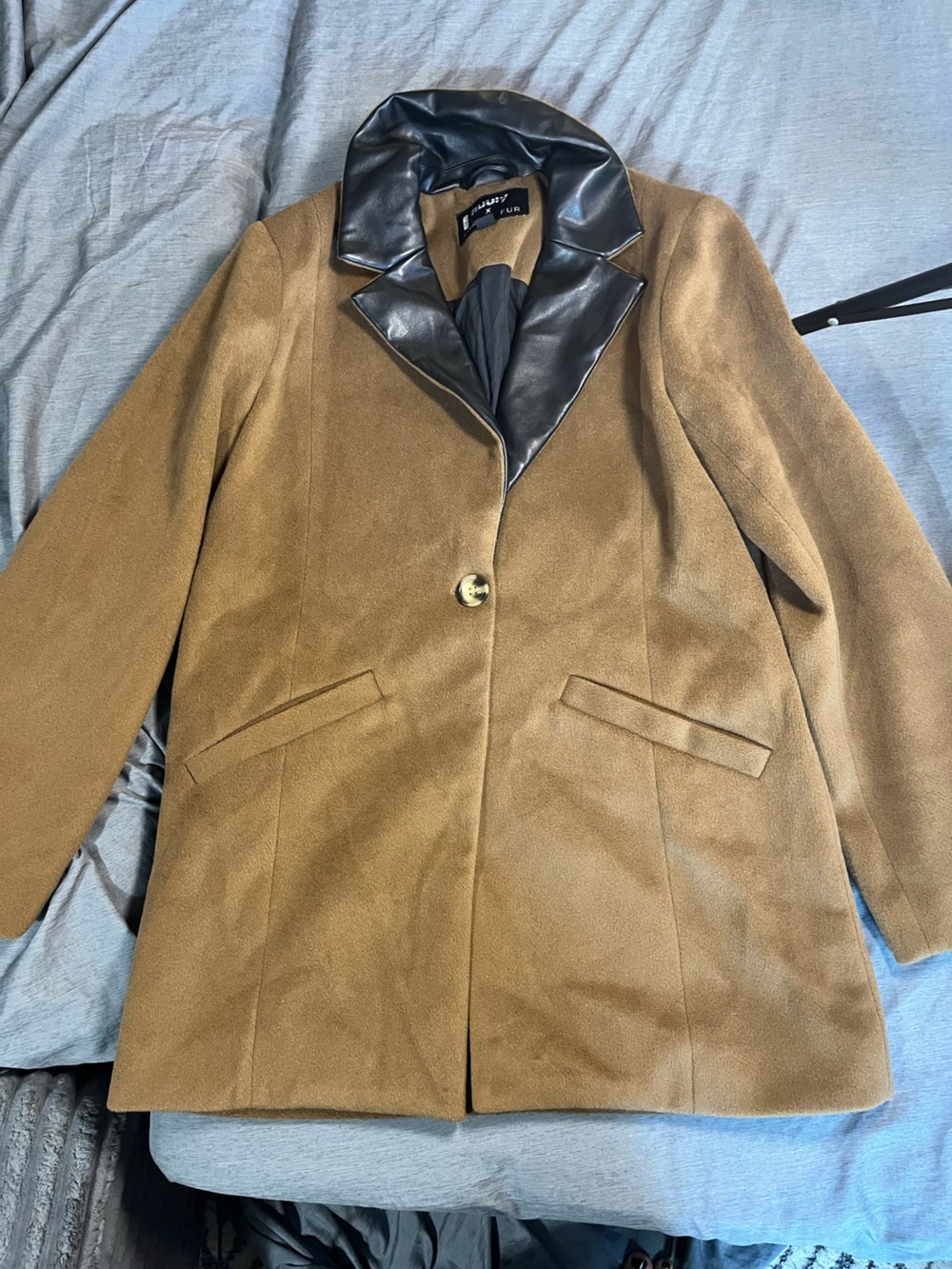 Unreal Fur Tan Trench Coat with Black Faux Leather Collar